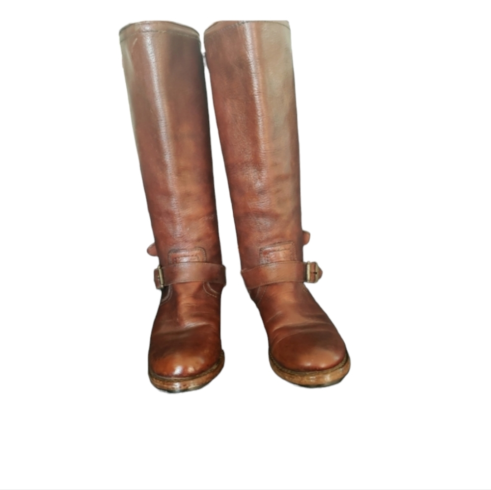 Frye Veronica Ant tall rustic brown leather boots with buckle details